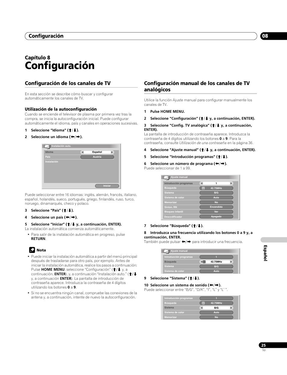 08 configuración, Configuración de los canales de tv, Utilización de la autoconfiguración | Configuración, Configuración 08, Capítulo 8 | Pioneer PDP-4270XA User Manual | Page 245 / 267