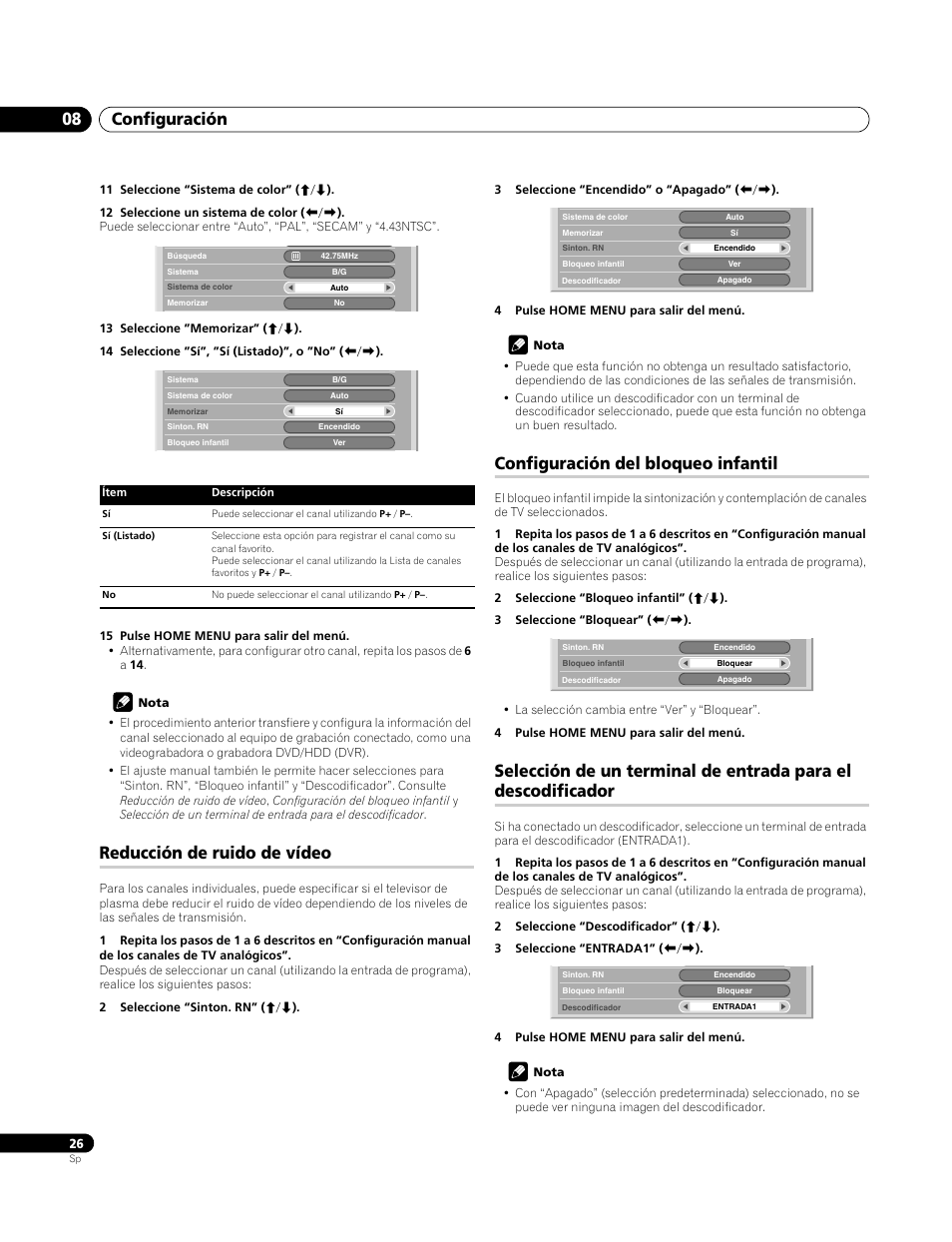 Reducción de ruido de vídeo, Configuración del bloqueo infantil, Configuración 08 | Pioneer PDP-4270XA User Manual | Page 246 / 267
