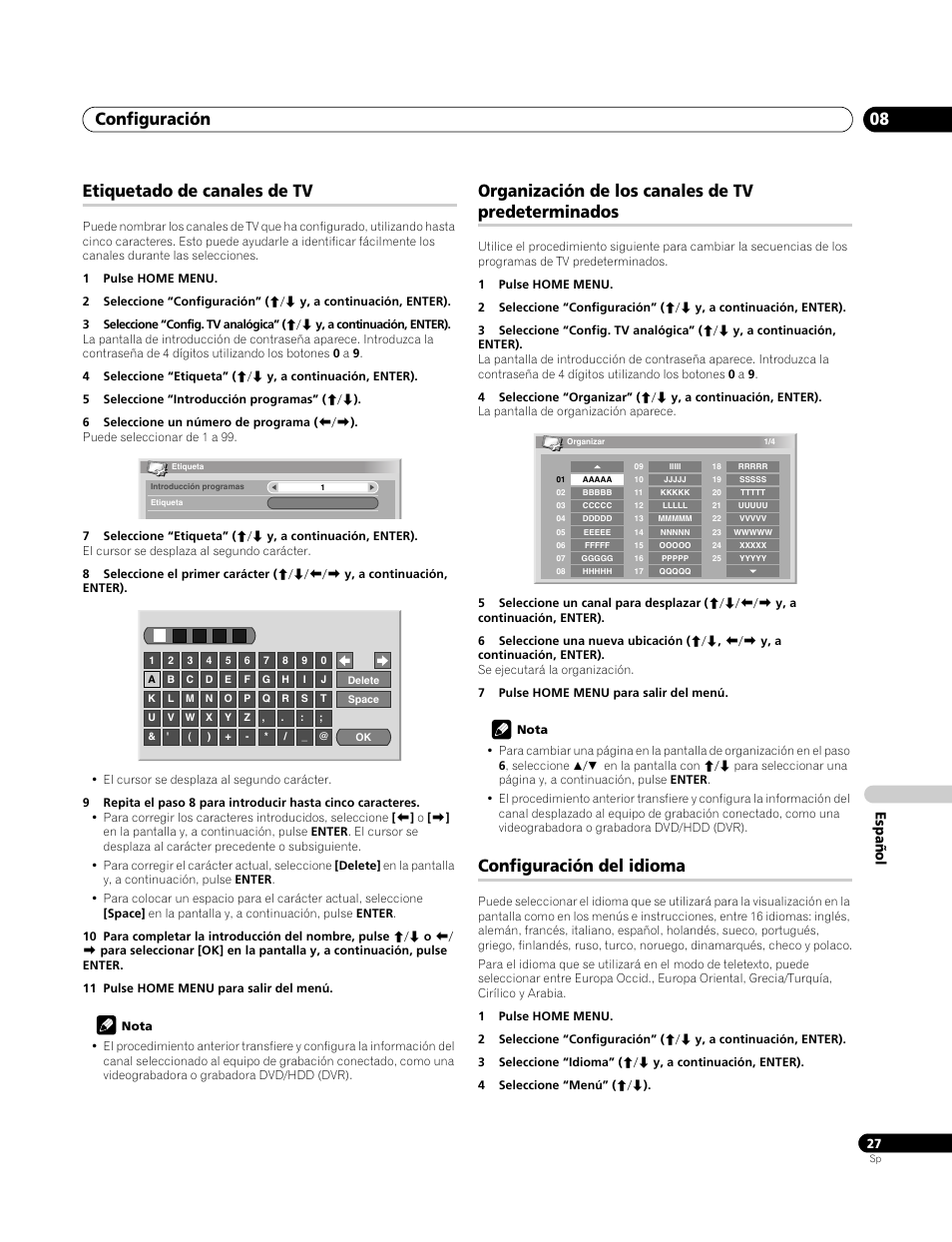 Etiquetado de canales de tv, Organización de los canales de tv predeterminados, Configuración del idioma | Configuración 08 | Pioneer PDP-4270XA User Manual | Page 247 / 267