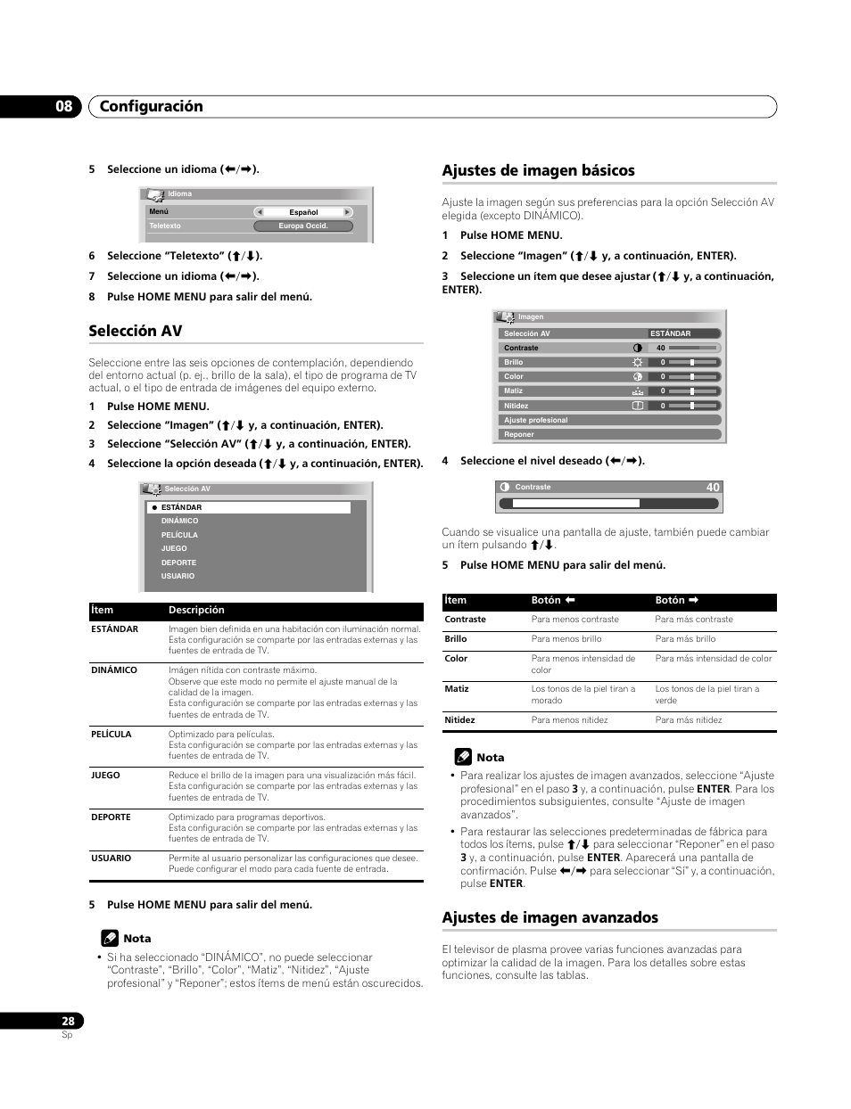 Selección av, Ajustes de imagen básicos, Ajustes de imagen avanzados | Configuración 08 | Pioneer PDP-4270XA User Manual | Page 248 / 267