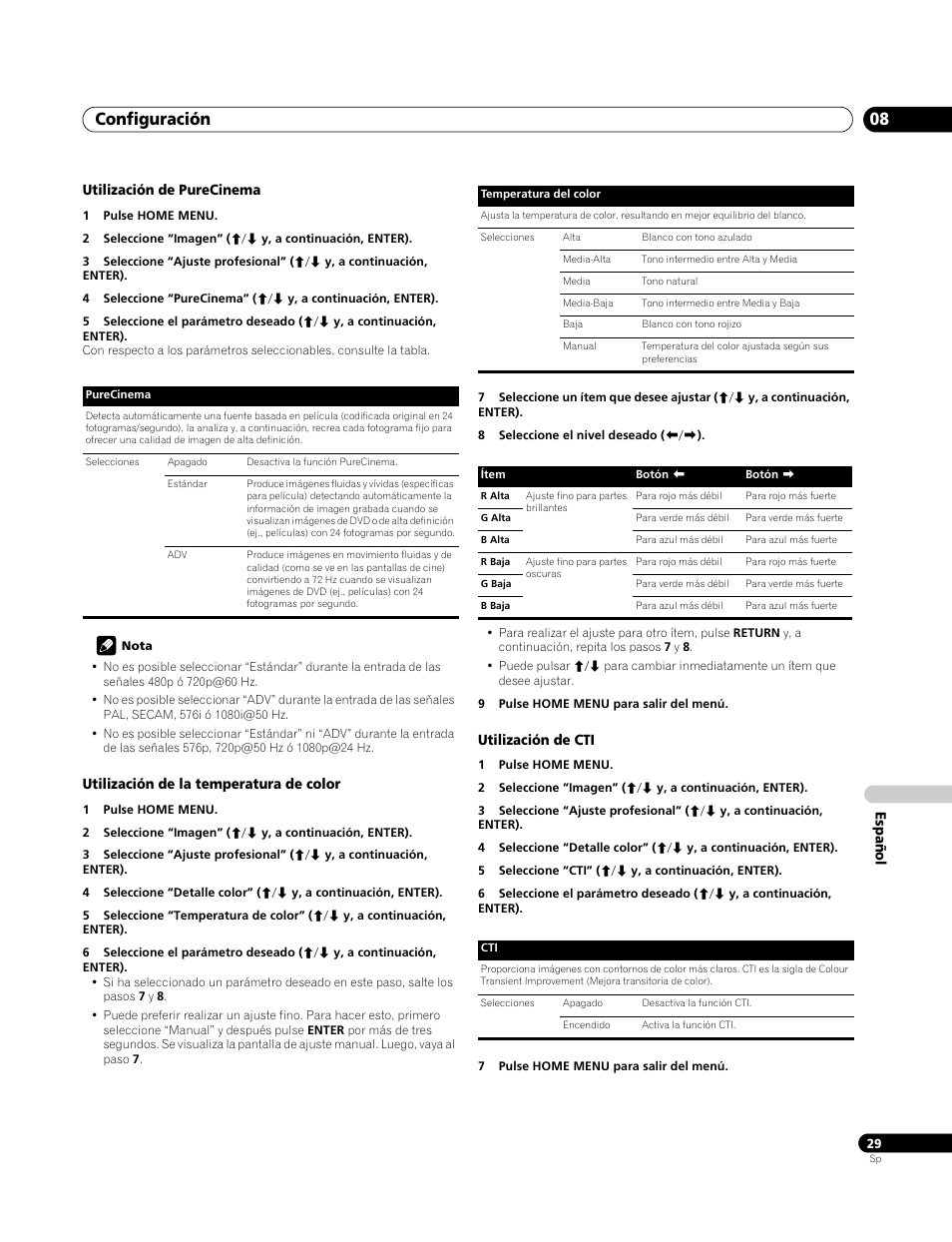 Utilización de purecinema, Utilización de la temperatura de color, Utilización de cti | Configuración 08 | Pioneer PDP-4270XA User Manual | Page 249 / 267
