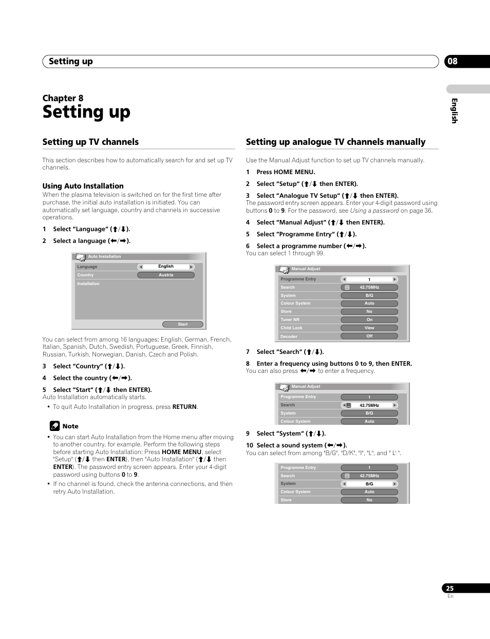 08 setting up, Setting up tv channels, Using auto installation | Setting up analogue tv channels manually, Setting up, Setting up 08, Chapter 8 | Pioneer PDP-4270XA User Manual | Page 25 / 267