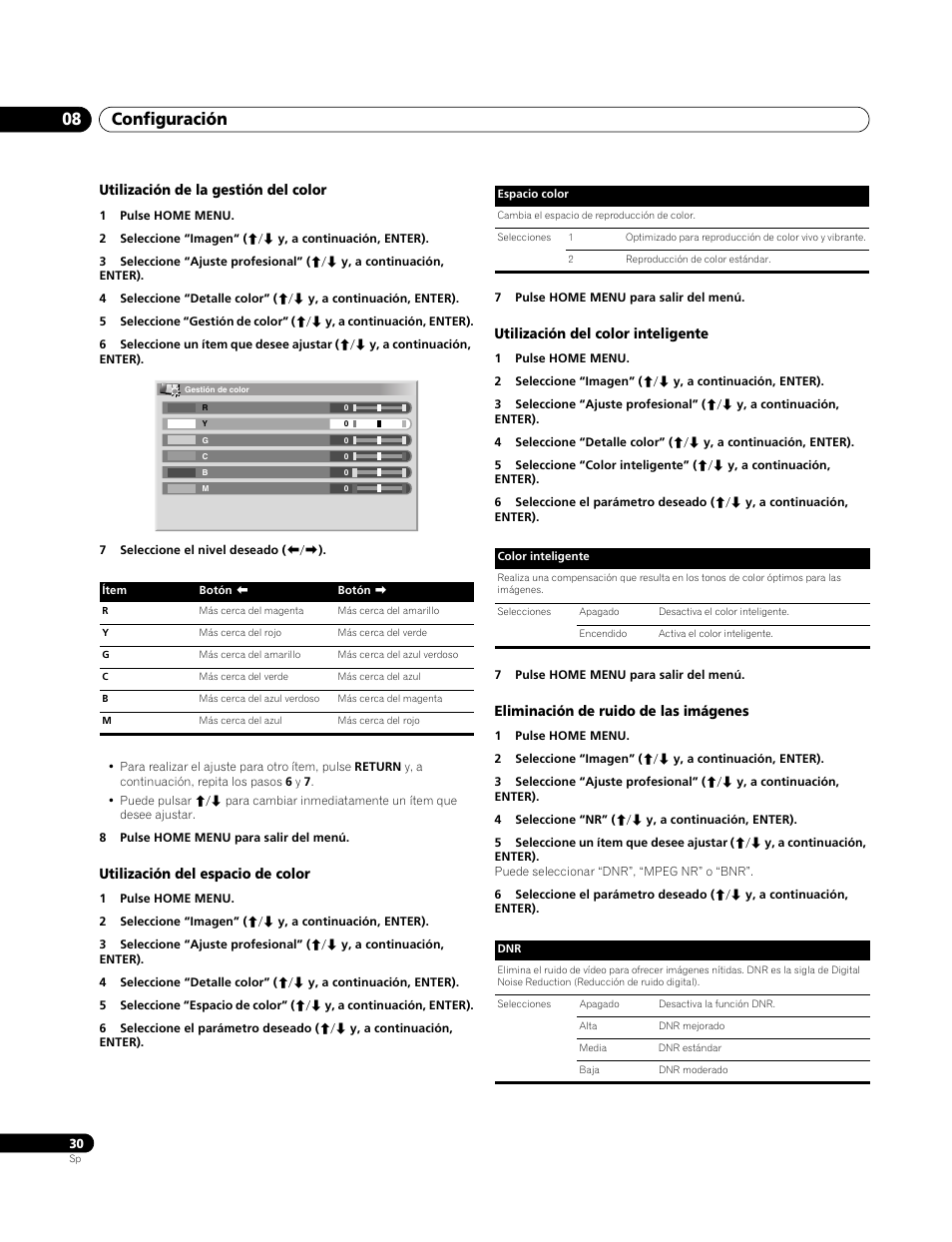 Utilización de la gestión del color, Utilización del espacio de color, Utilización del color inteligente | Eliminación de ruido de las imágenes, Configuración 08 | Pioneer PDP-4270XA User Manual | Page 250 / 267