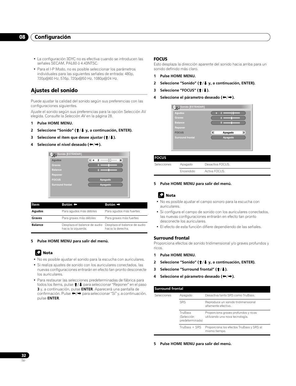 Ajustes del sonido, Focus, Surround frontal | Configuración 08 | Pioneer PDP-4270XA User Manual | Page 252 / 267
