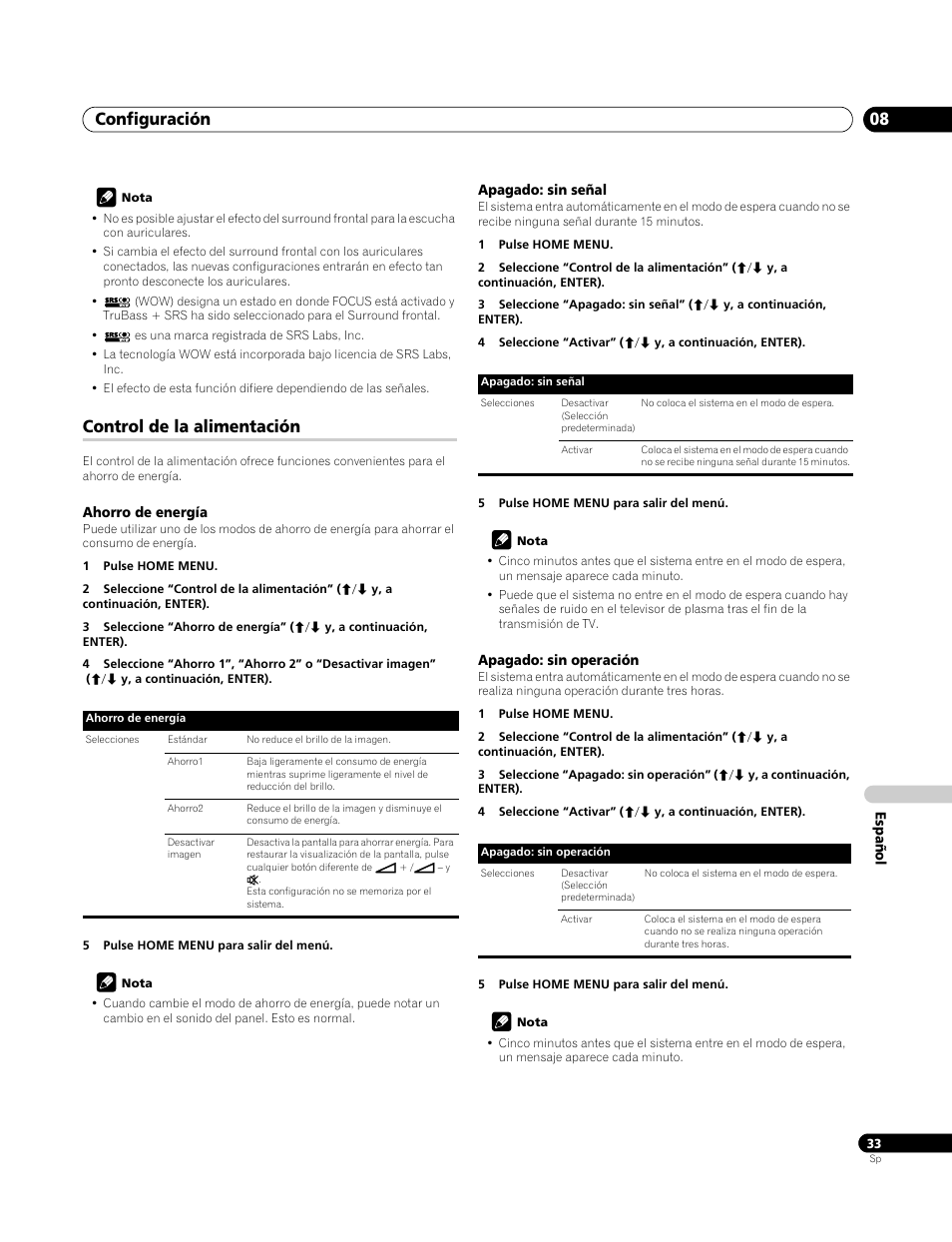 Control de la alimentación, Ahorro de energía, Apagado: sin señal | Apagado: sin operación, Configuración 08 | Pioneer PDP-4270XA User Manual | Page 253 / 267