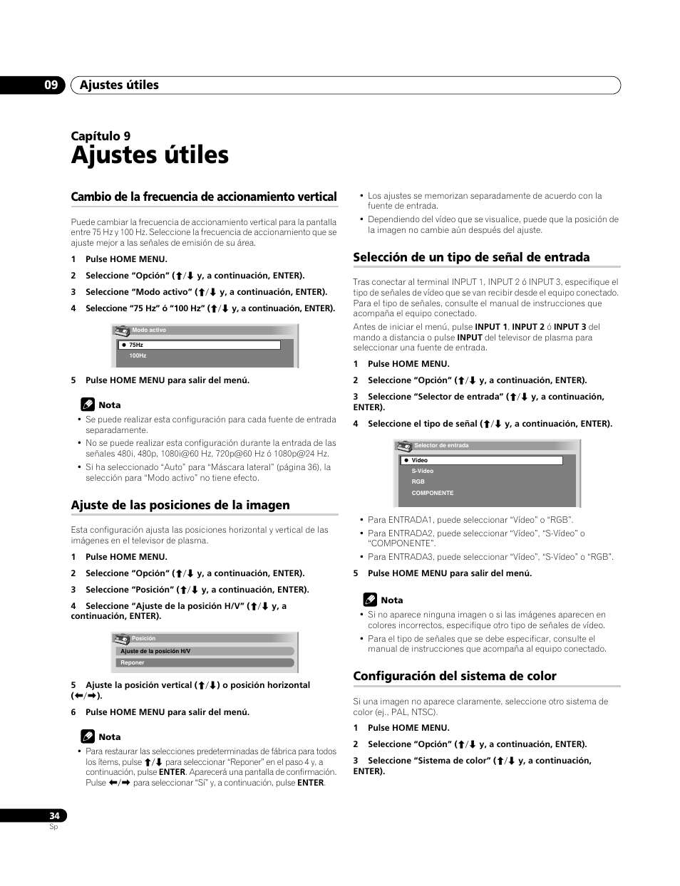 09 ajustes útiles, Cambio de la frecuencia de accionamiento vertical, Ajuste de las posiciones de la imagen | Selección de un tipo de señal de entrada, Configuración del sistema de color, Ajustes útiles, Ajustes útiles 09, Capítulo 9 | Pioneer PDP-4270XA User Manual | Page 254 / 267