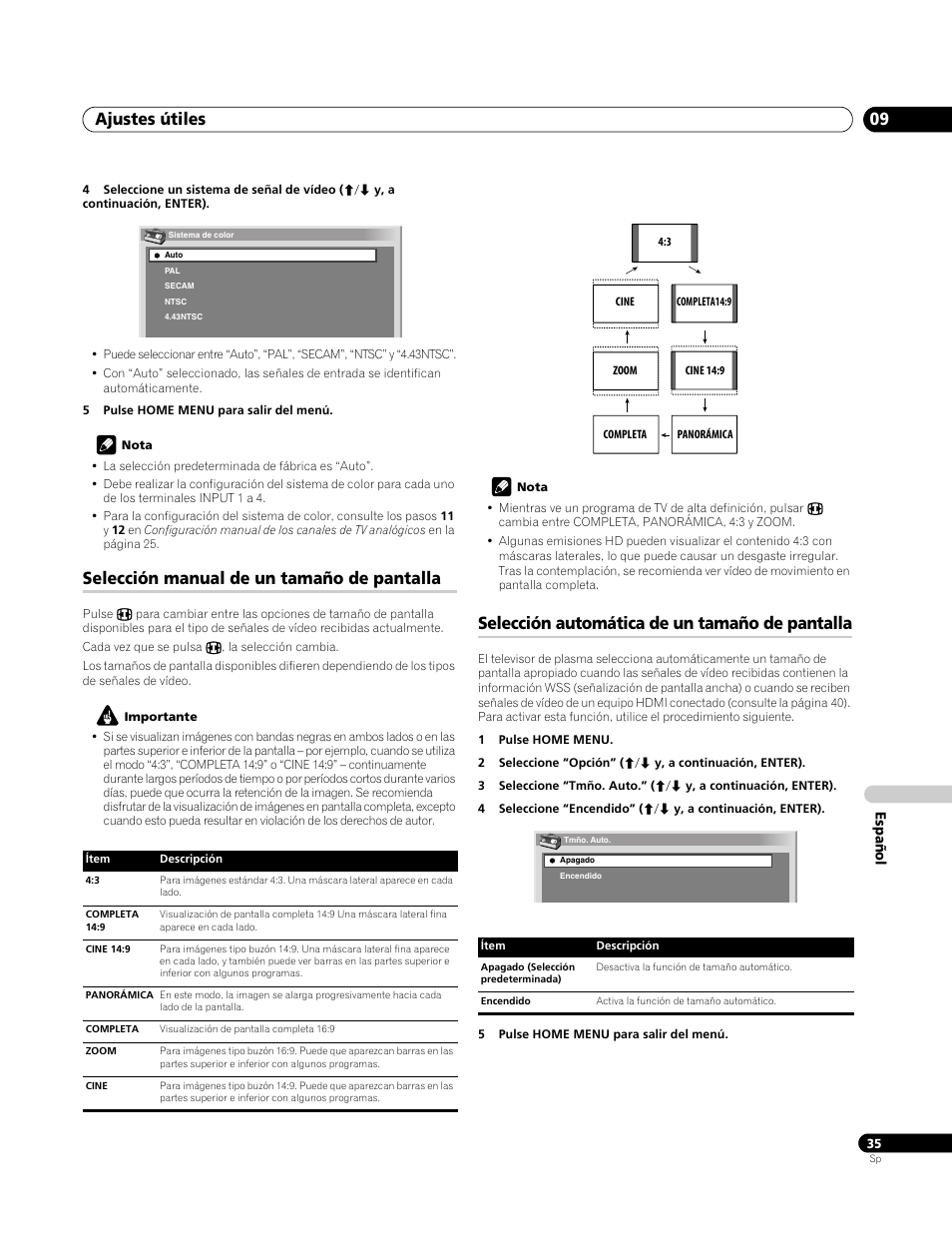 Selección manual de un tamaño de pantalla, Selección automática de un tamaño de pantalla, Ajustes útiles 09 | Pioneer PDP-4270XA User Manual | Page 255 / 267