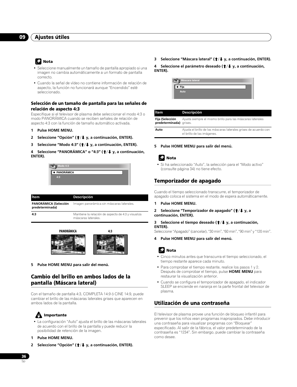Temporizador de apagado, Utilización de una contraseña, Ajustes útiles 09 | Pioneer PDP-4270XA User Manual | Page 256 / 267