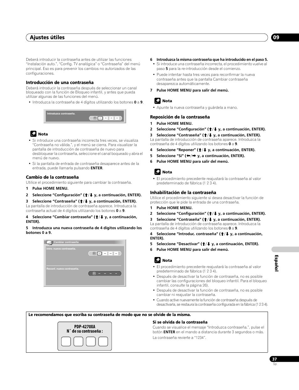 Introducción de una contraseña, Cambio de la contraseña, Reposición de la contraseña | Inhabilitación de la contraseña, Ajustes útiles 09 | Pioneer PDP-4270XA User Manual | Page 257 / 267