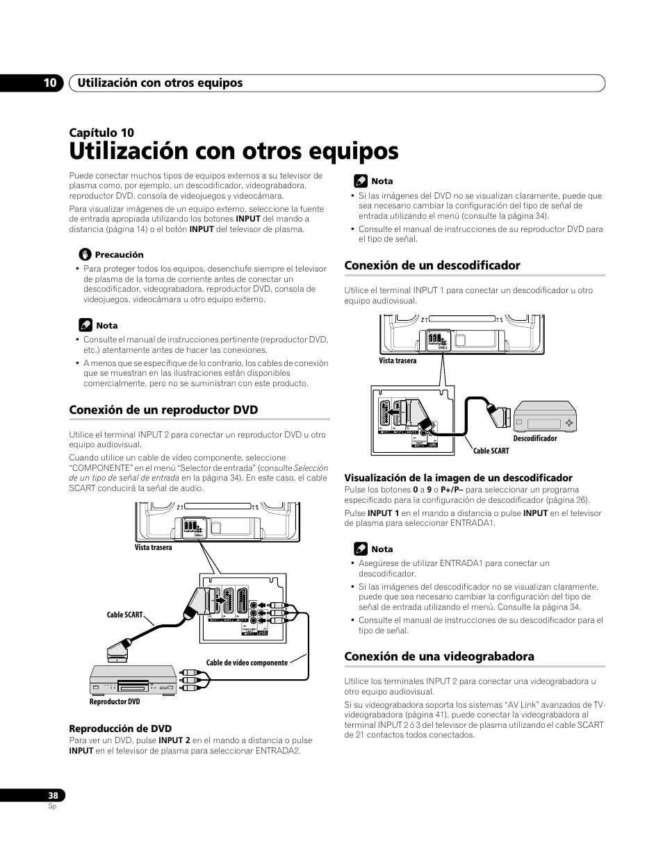 10 utilización con otros equipos, Conexión de un reproductor dvd, Reproducción de dvd | Conexión de un descodificador, Visualización de la imagen de un descodificador, Conexión de una videograbadora, Utilización con otros equipos, Utilización con otros equipos 10, Capítulo 10 | Pioneer PDP-4270XA User Manual | Page 258 / 267