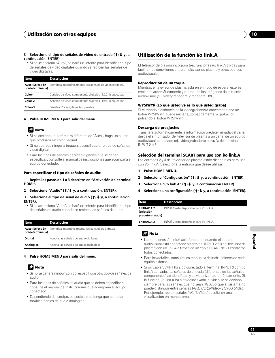 Utilización de la función i/o link.a, Utilización con otros equipos 10 | Pioneer PDP-4270XA User Manual | Page 261 / 267