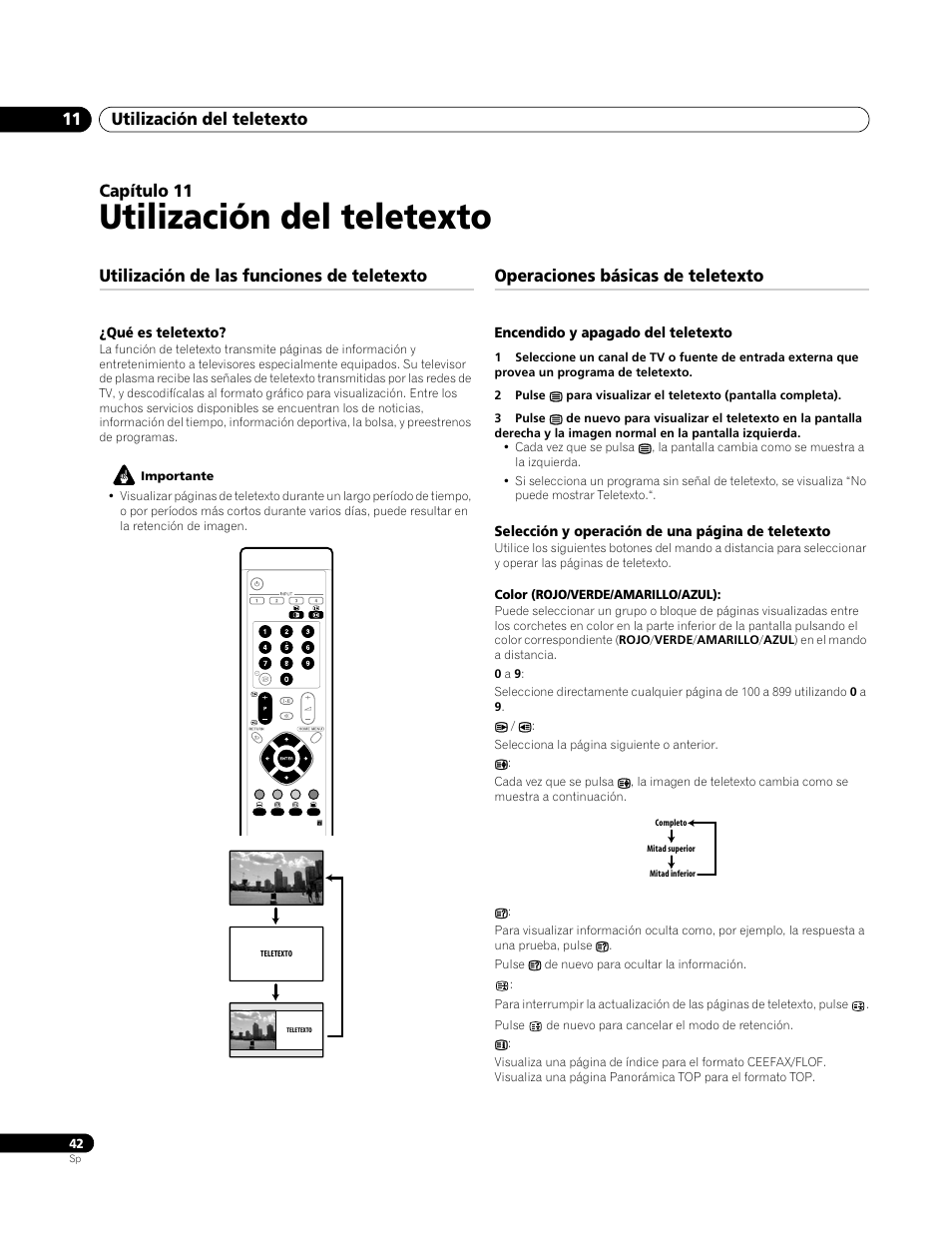 11 utilización del teletexto, Utilización de las funciones de teletexto, Qué es teletexto | Operaciones básicas de teletexto, Encendido y apagado del teletexto, Utilización del teletexto, Utilización del teletexto 11, Capítulo 11 | Pioneer PDP-4270XA User Manual | Page 262 / 267