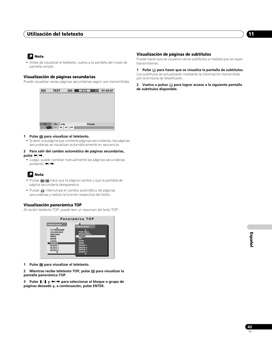 Visualización panorámica top, Utilización del teletexto 11 | Pioneer PDP-4270XA User Manual | Page 263 / 267