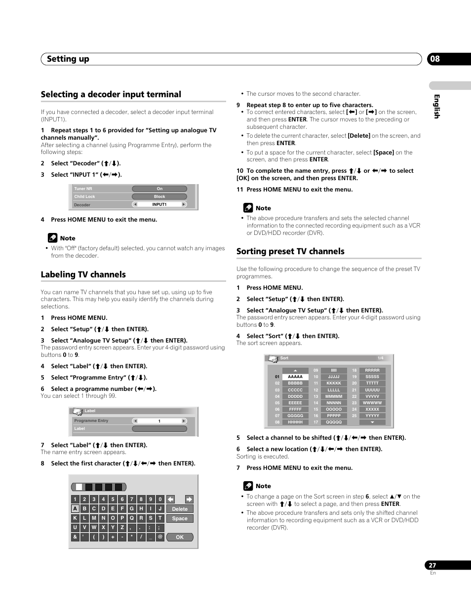 Selecting a decoder input terminal, Labeling tv channels, Sorting preset tv channels | Setting up 08, English | Pioneer PDP-4270XA User Manual | Page 27 / 267