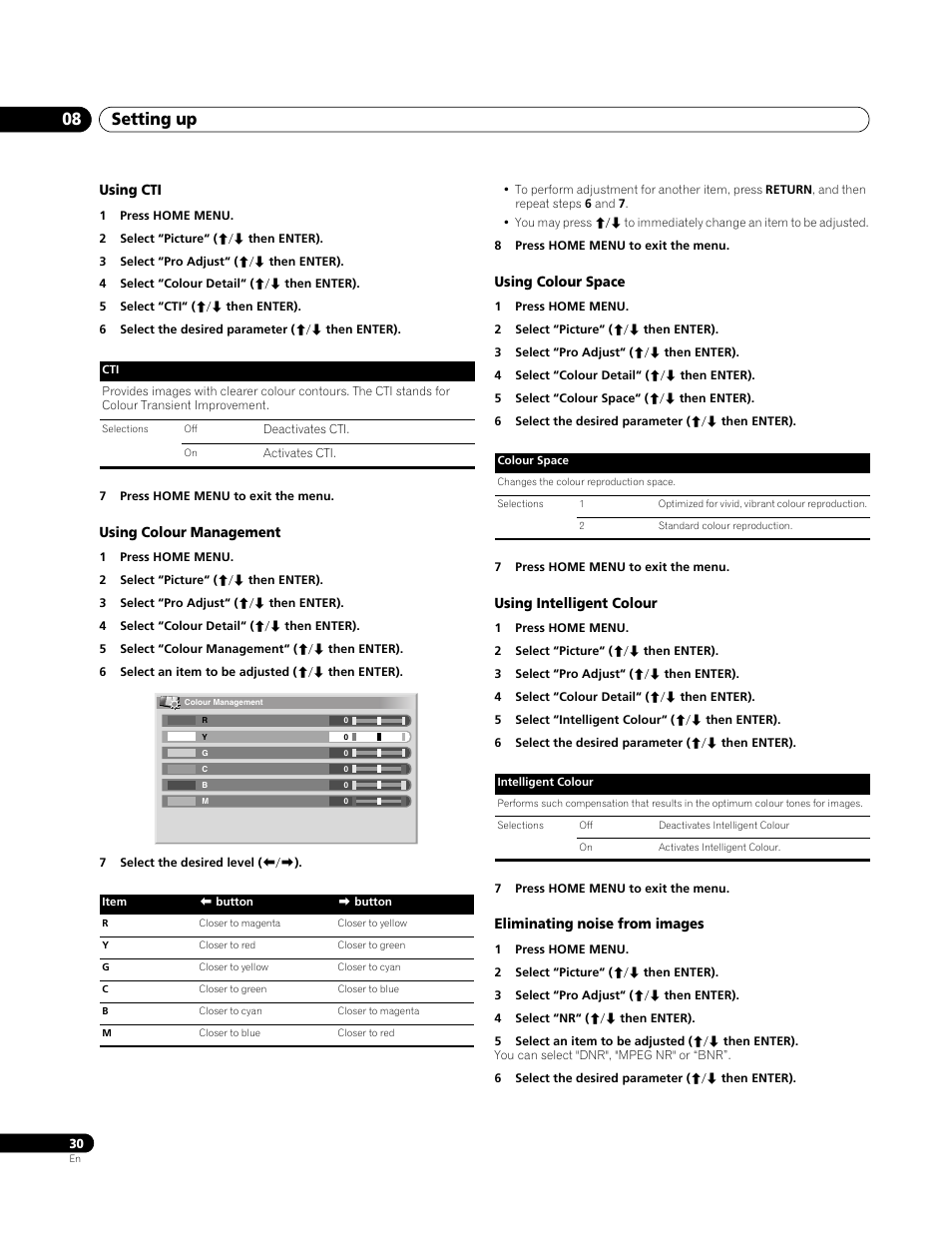 Using cti, Using colour management, Using colour space | Using intelligent colour, Eliminating noise from images, Setting up 08 | Pioneer PDP-4270XA User Manual | Page 30 / 267