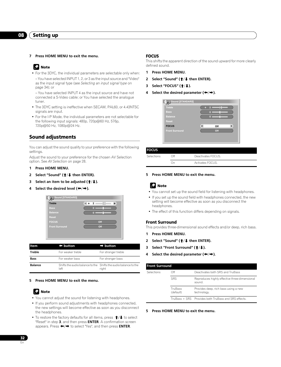 Sound adjustments, Focus, Front surround | Setting up 08 | Pioneer PDP-4270XA User Manual | Page 32 / 267