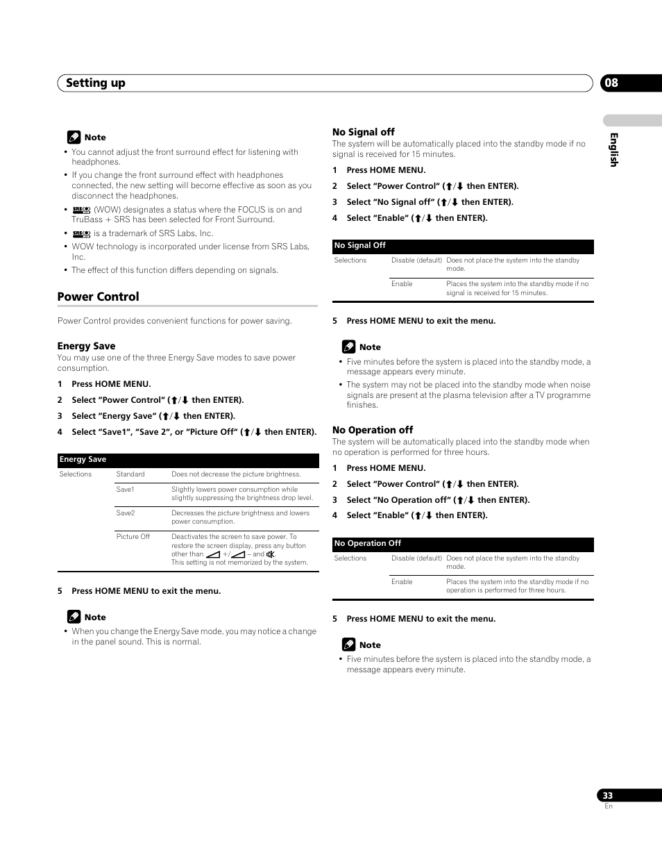 Power control, Energy save, No signal off | No operation off, Setting up 08 | Pioneer PDP-4270XA User Manual | Page 33 / 267