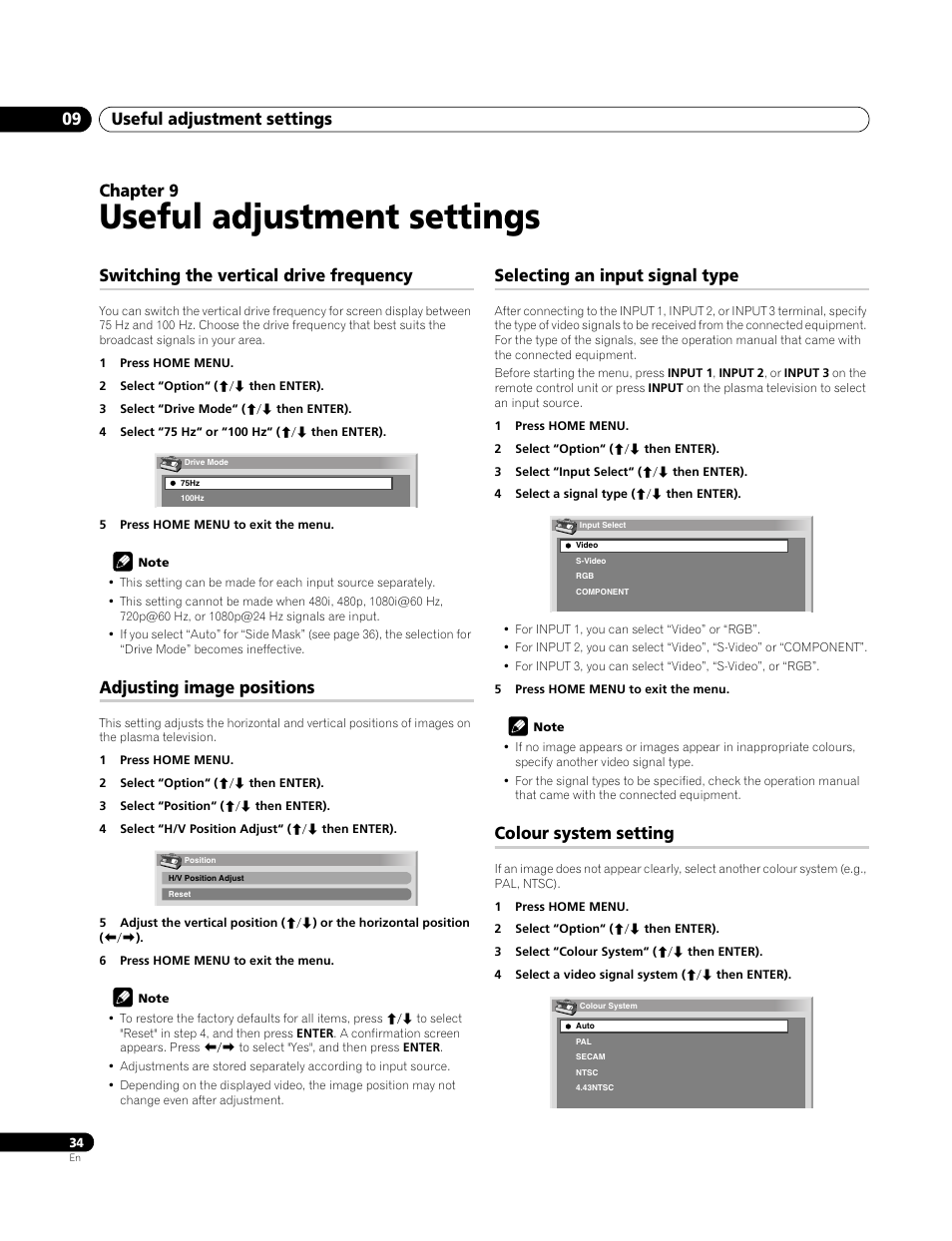 09 useful adjustment settings, Switching the vertical drive frequency, Adjusting image positions | Selecting an input signal type, Colour system setting, Useful adjustment settings, Useful adjustment settings 09, Chapter 9 | Pioneer PDP-4270XA User Manual | Page 34 / 267