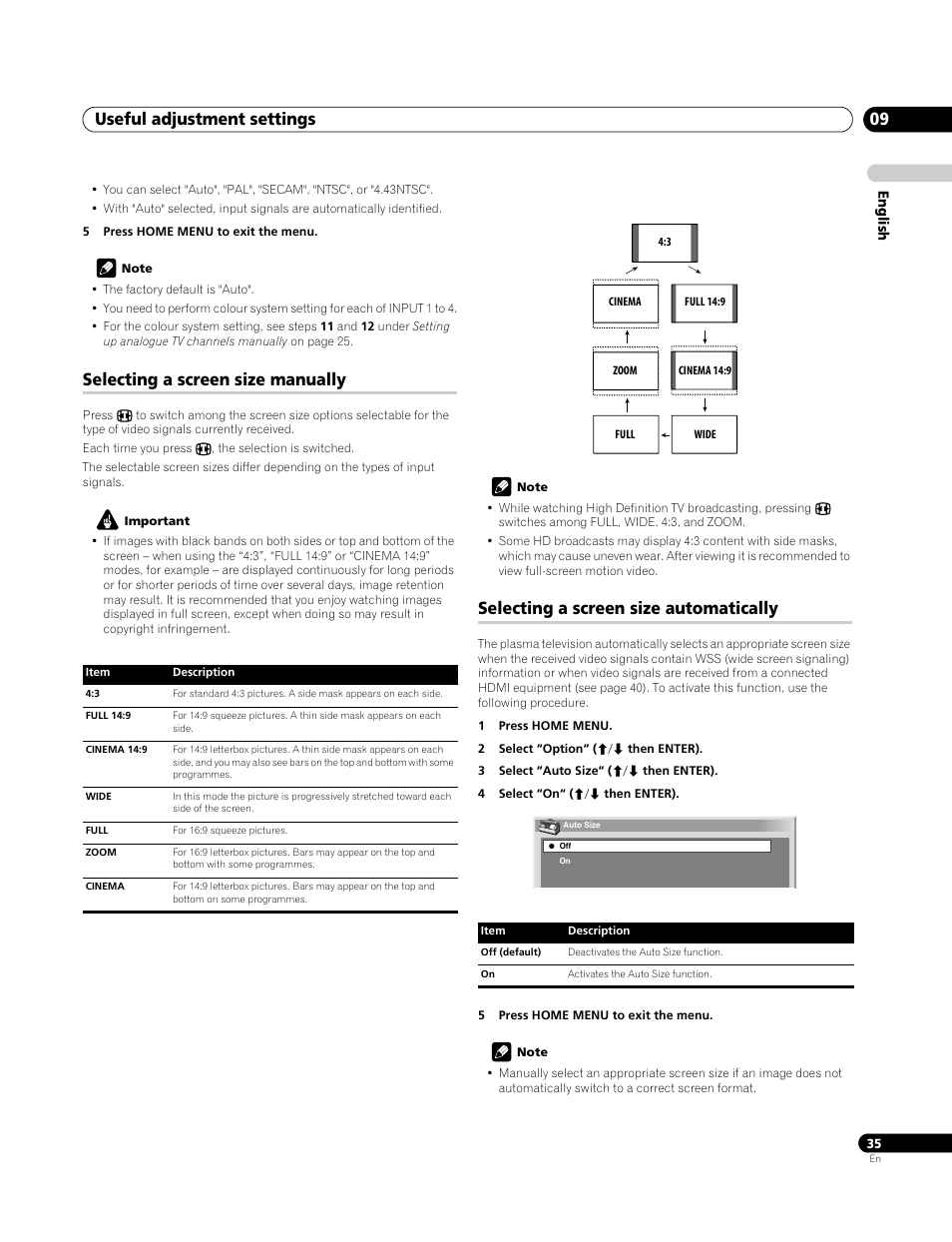 Selecting a screen size manually, Selecting a screen size automatically, Useful adjustment settings 09 | Pioneer PDP-4270XA User Manual | Page 35 / 267