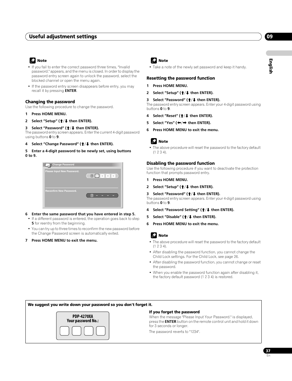 Changing the password, Resetting the password function, Disabling the password function | Useful adjustment settings 09 | Pioneer PDP-4270XA User Manual | Page 37 / 267
