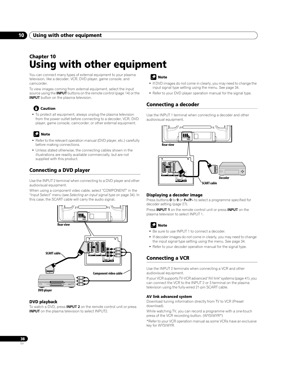 10 using with other equipment, Connecting a dvd player, Dvd playback | Connecting a decoder, Displaying a decoder image, Connecting a vcr, Using with other equipment, Using with other equipment 10, Chapter 10 | Pioneer PDP-4270XA User Manual | Page 38 / 267