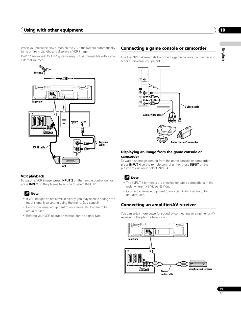 Vcr playback, Connecting a game console or camcorder, Connecting an amplifier/av receiver | Using with other equipment 10 | Pioneer PDP-4270XA User Manual | Page 39 / 267