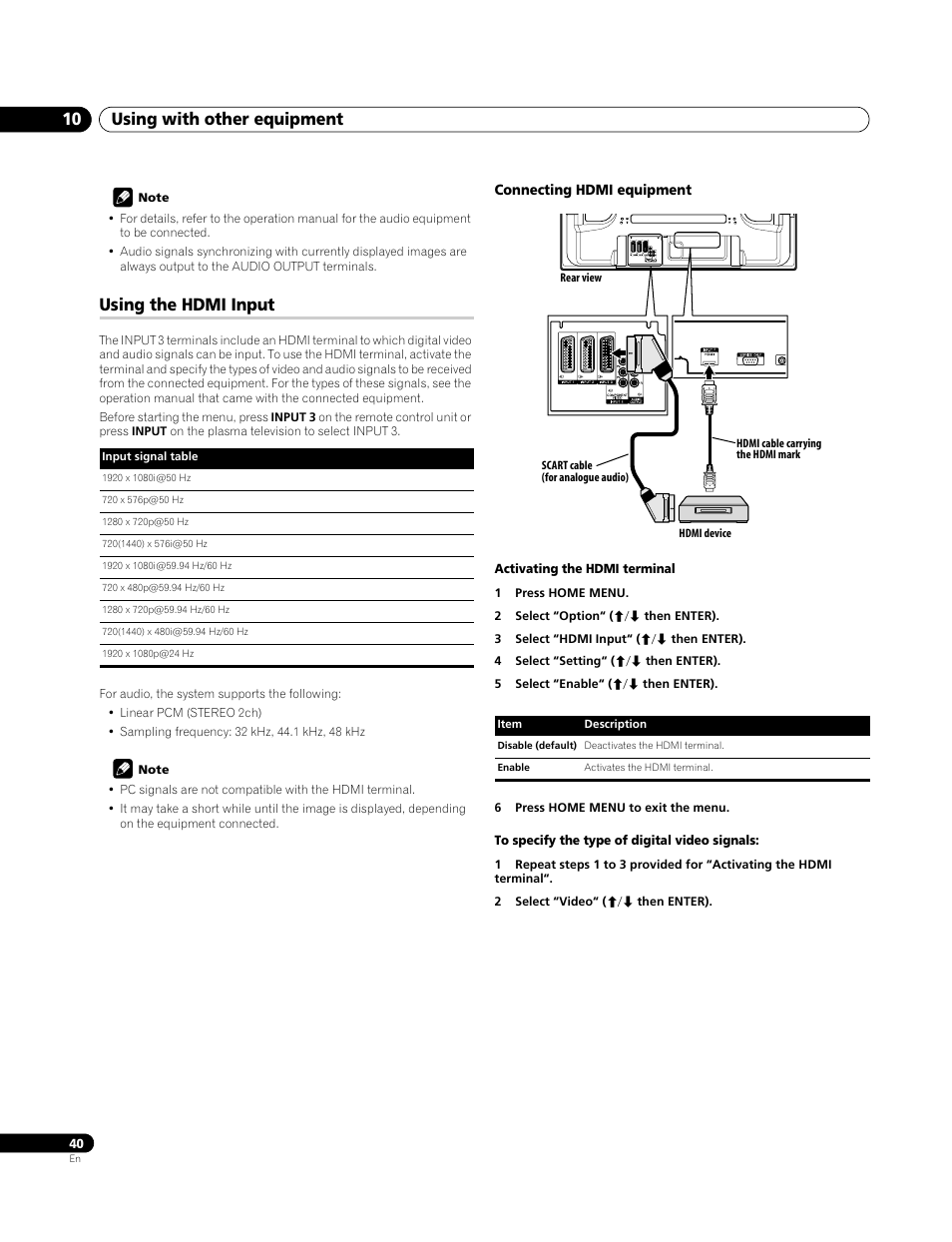 Using the hdmi input, Connecting hdmi equipment, Using with other equipment 10 | Pioneer PDP-4270XA User Manual | Page 40 / 267