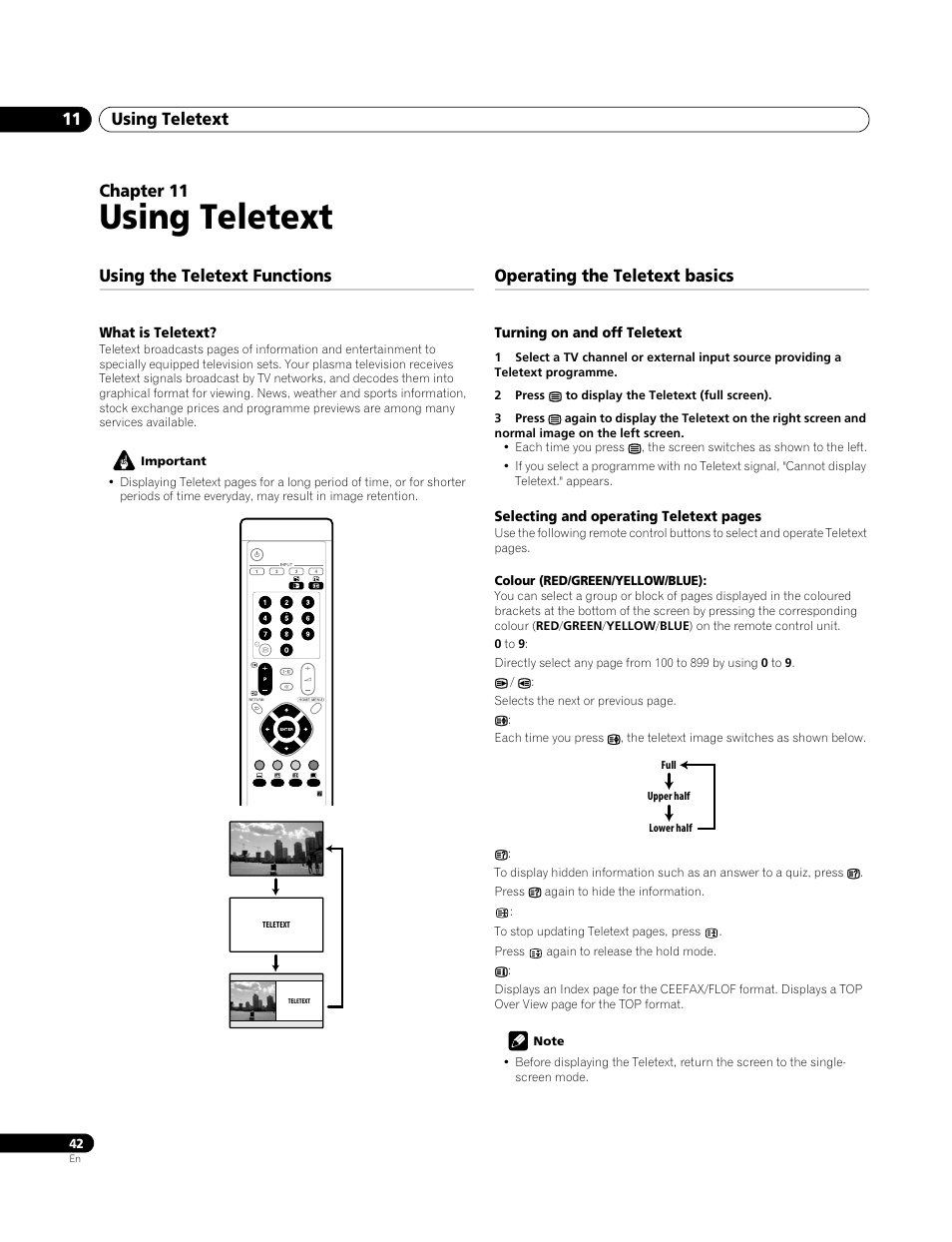 11 using teletext, Using the teletext functions, What is teletext | Operating the teletext basics, Turning on and off teletext, Using teletext, Using teletext 11, Chapter 11 | Pioneer PDP-4270XA User Manual | Page 42 / 267