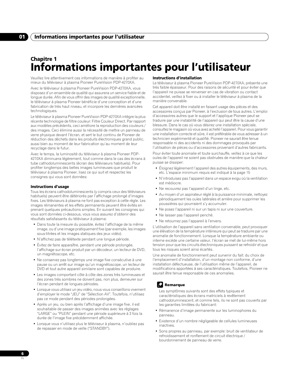 01 informations importantes pour l’utilisateur, Informations importantes pour l’utilisateur, Informations importantes pour l’utilisateur 01 | Chapitre 1 | Pioneer PDP-4270XA User Manual | Page 50 / 267