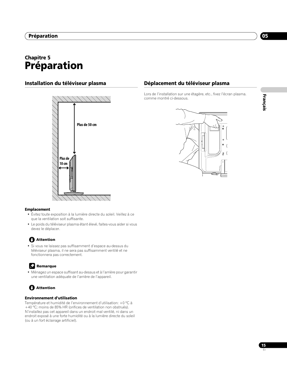 05 préparation, Installation du téléviseur plasma, Déplacement du téléviseur plasma | Préparation | Pioneer PDP-4270XA User Manual | Page 59 / 267