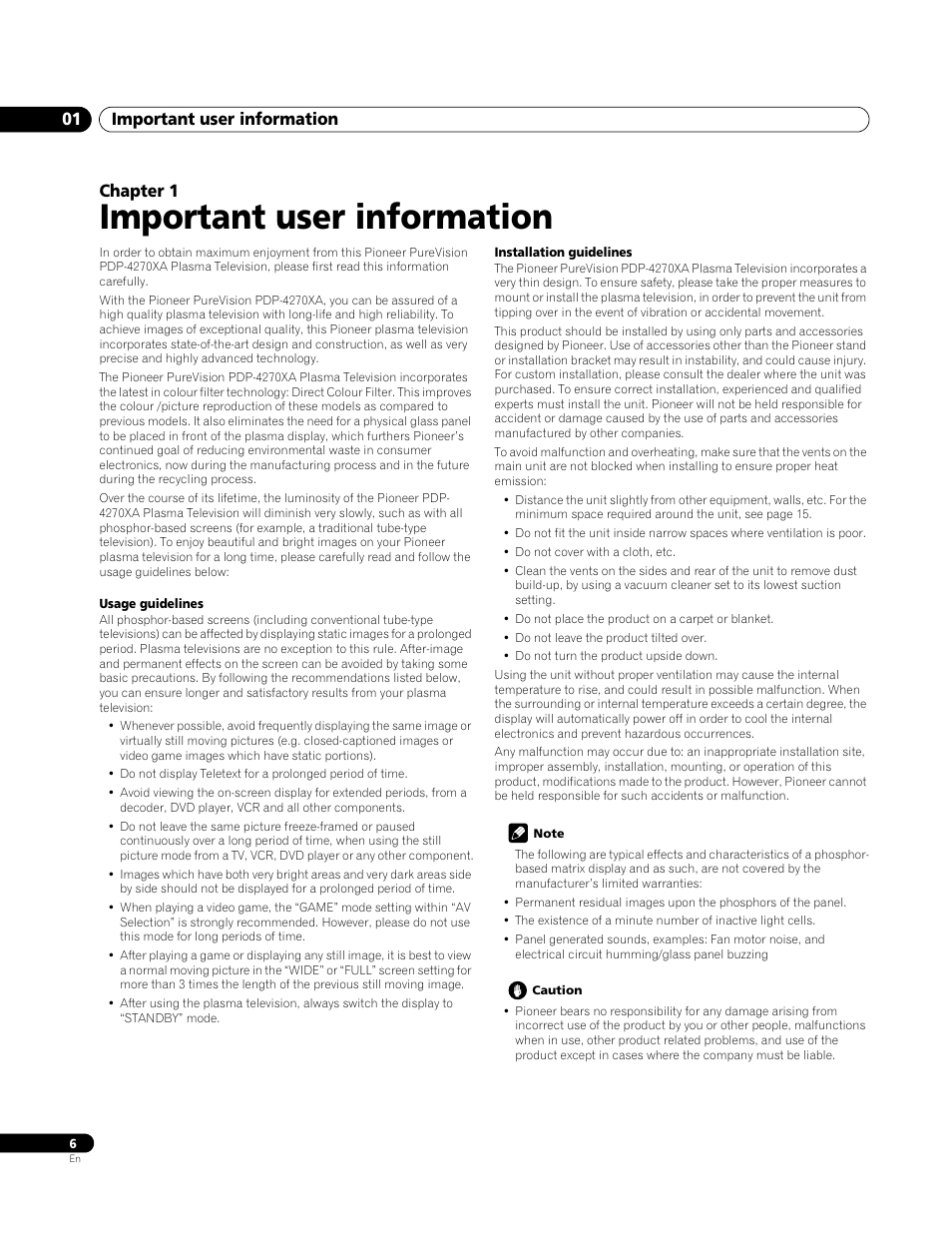 Important user information, Important user information 01, Chapter 1 | Pioneer PDP-4270XA User Manual | Page 6 / 267