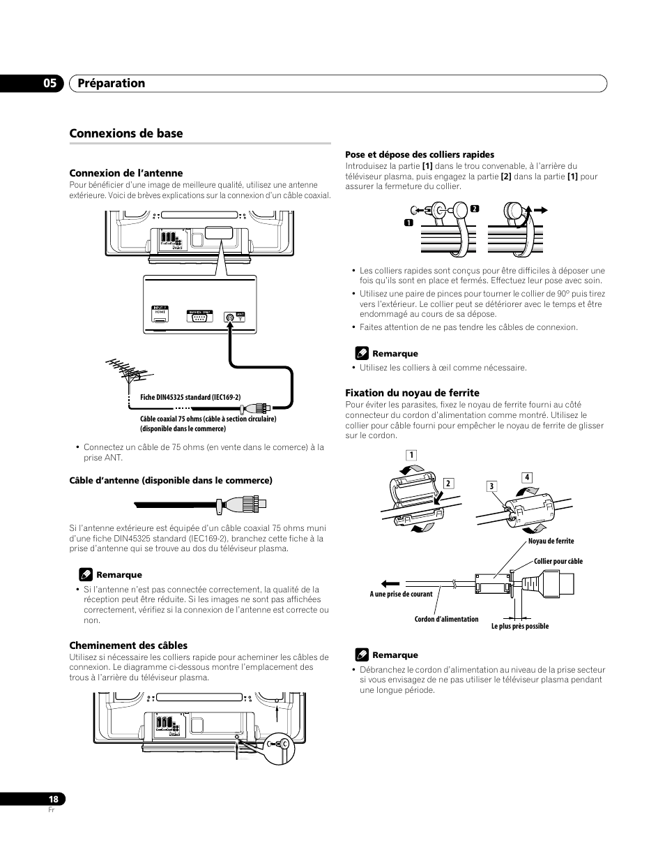 Connexions de base, Connexion de l’antenne, Cheminement des câbles | Fixation du noyau de ferrite, Préparation 05 | Pioneer PDP-4270XA User Manual | Page 62 / 267