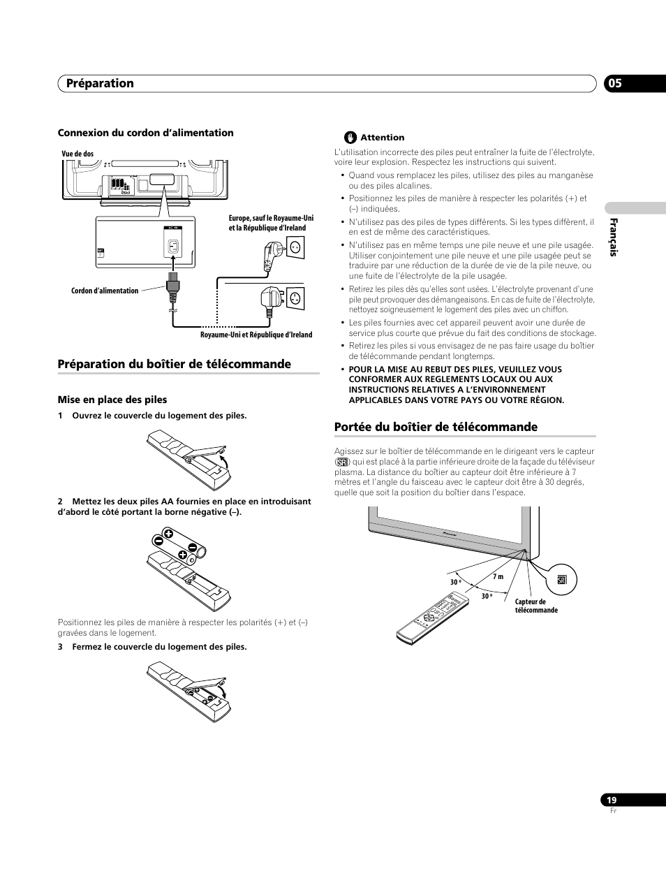 Connexion du cordon d’alimentation, Préparation du boîtier de télécommande, Mise en place des piles | Portée du boîtier de télécommande, Préparation 05 | Pioneer PDP-4270XA User Manual | Page 63 / 267
