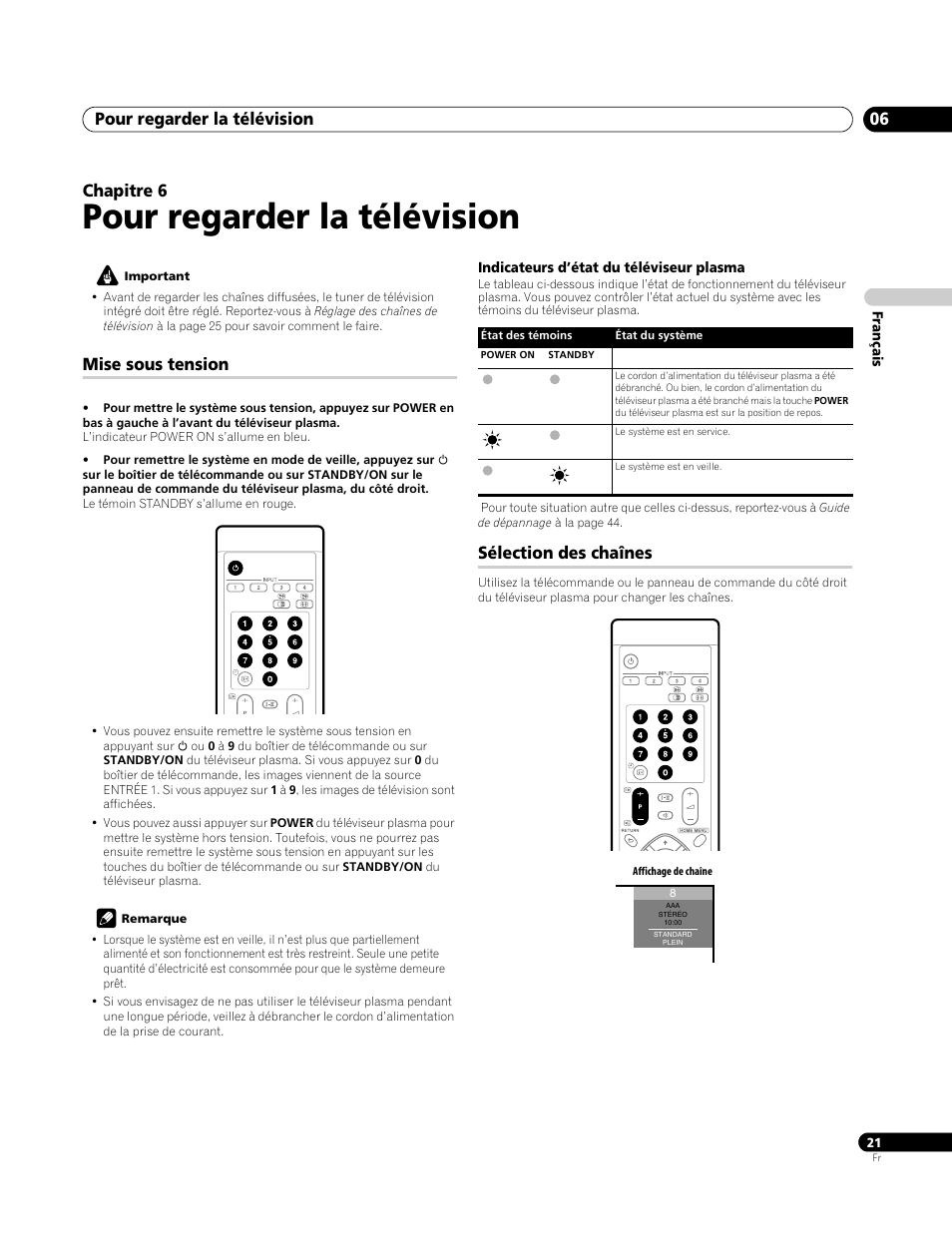 06 pour regarder la télévision, Mise sous tension, Indicateurs d’état du téléviseur plasma | Sélection des chaînes, Pour regarder la télévision, Pour regarder la télévision 06, Chapitre 6 | Pioneer PDP-4270XA User Manual | Page 65 / 267