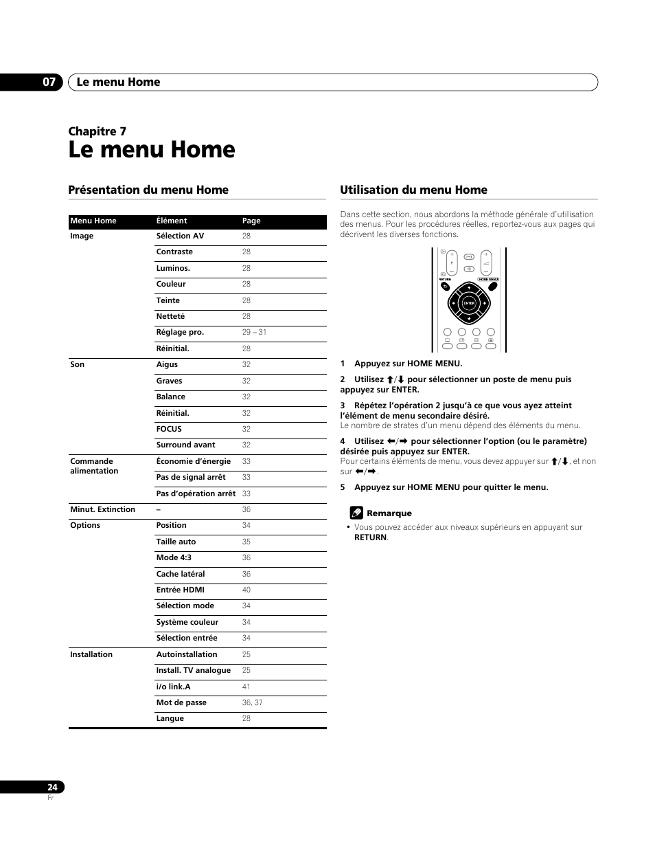07 le menu home, Présentation du menu home, Utilisation du menu home | Le menu home, Le menu home 07, Chapitre 7, Présentation du menu home utilisation du menu home | Pioneer PDP-4270XA User Manual | Page 68 / 267