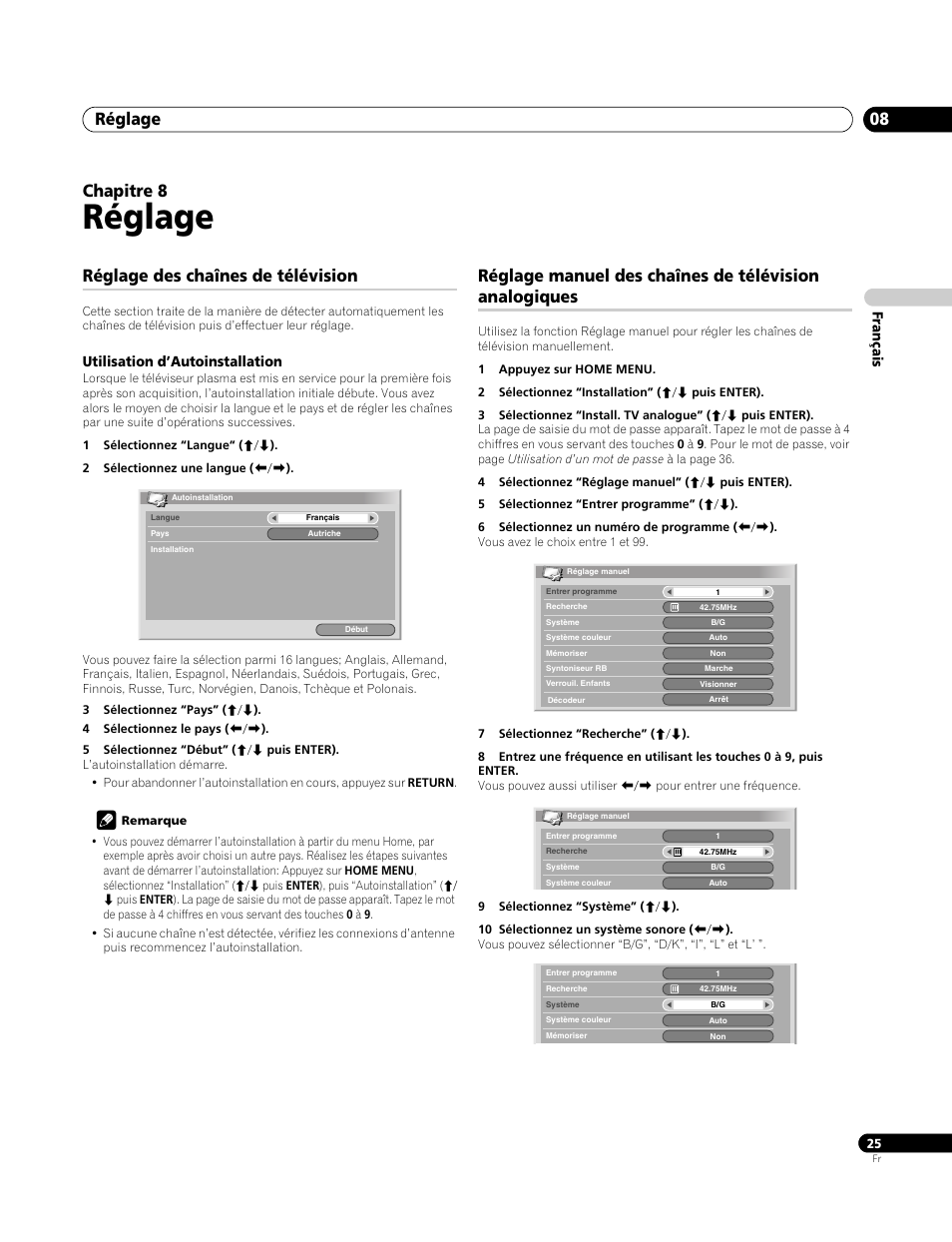 08 réglage, Réglage des chaînes de télévision, Utilisation d’autoinstallation | Réglage, Réglage 08, Chapitre 8 | Pioneer PDP-4270XA User Manual | Page 69 / 267