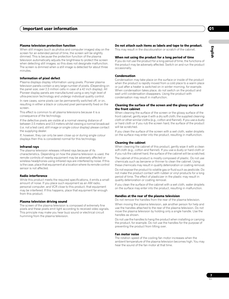 Important user information 01 | Pioneer PDP-4270XA User Manual | Page 7 / 267