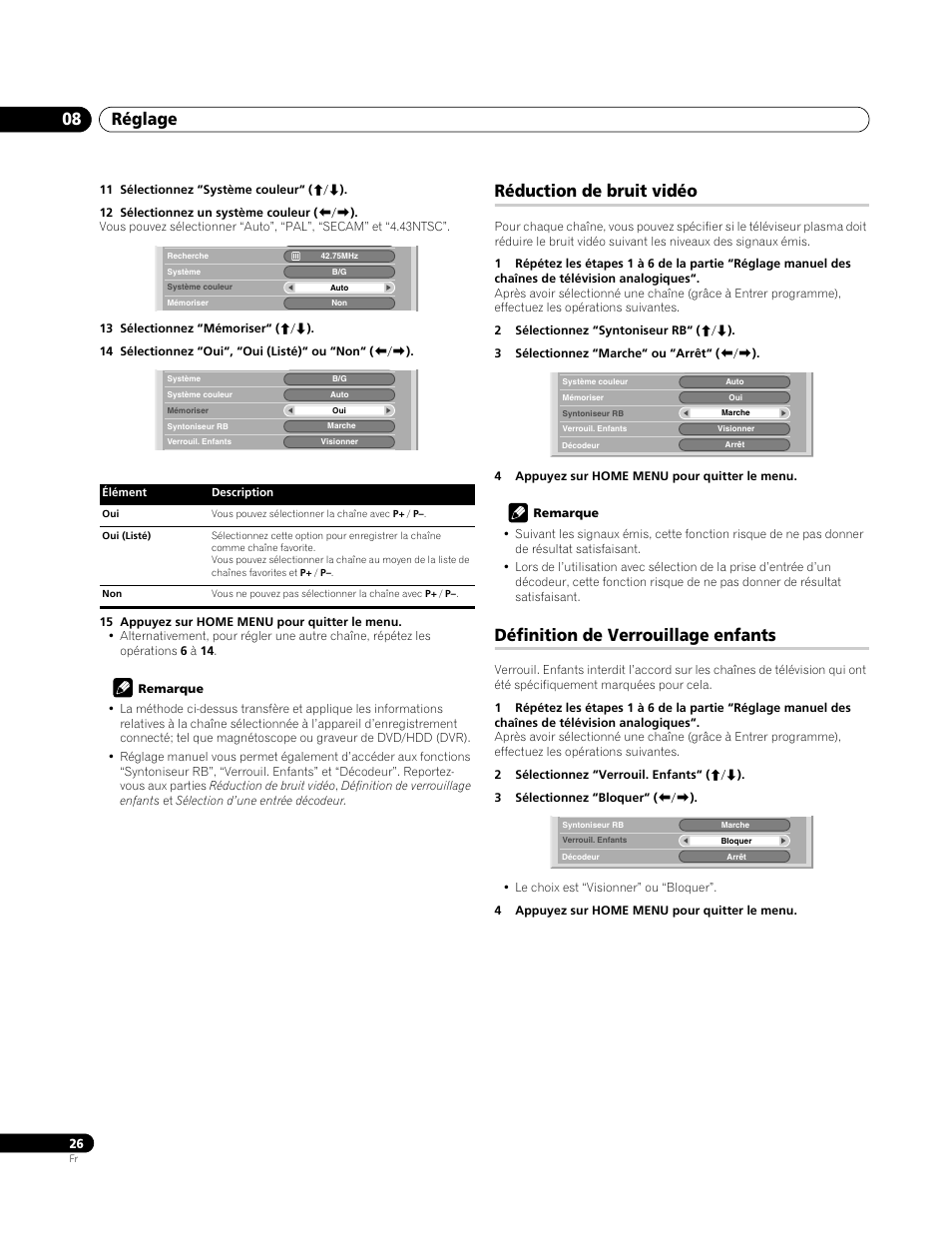 Réduction de bruit vidéo, Définition de verrouillage enfants, Réglage 08 | Pioneer PDP-4270XA User Manual | Page 70 / 267