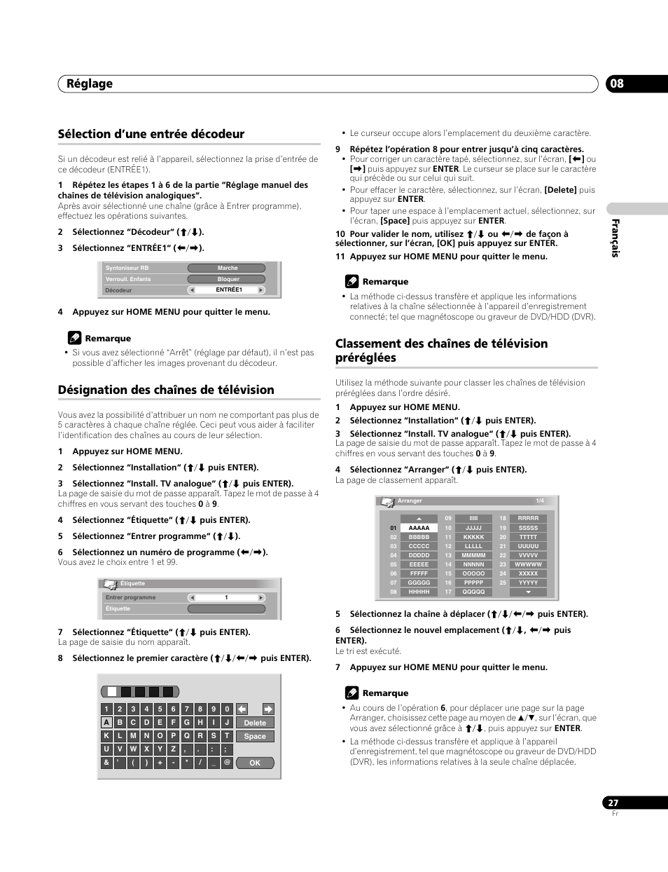 Sélection d’une entrée décodeur, Désignation des chaînes de télévision, Classement des chaînes de télévision préréglées | Réglage 08, Français | Pioneer PDP-4270XA User Manual | Page 71 / 267