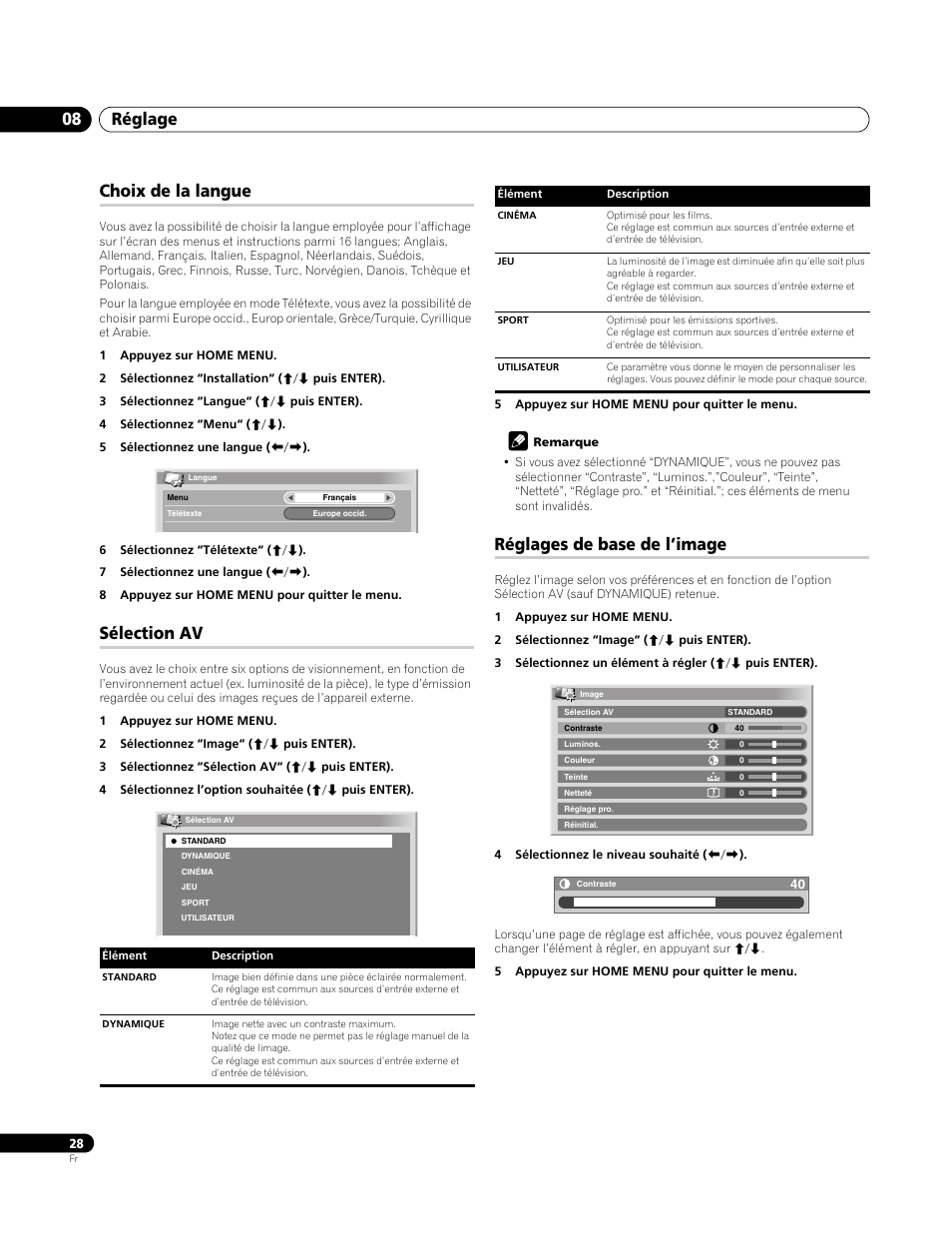 Choix de la langue, Sélection av, Réglages de base de l’image | Réglage 08 | Pioneer PDP-4270XA User Manual | Page 72 / 267