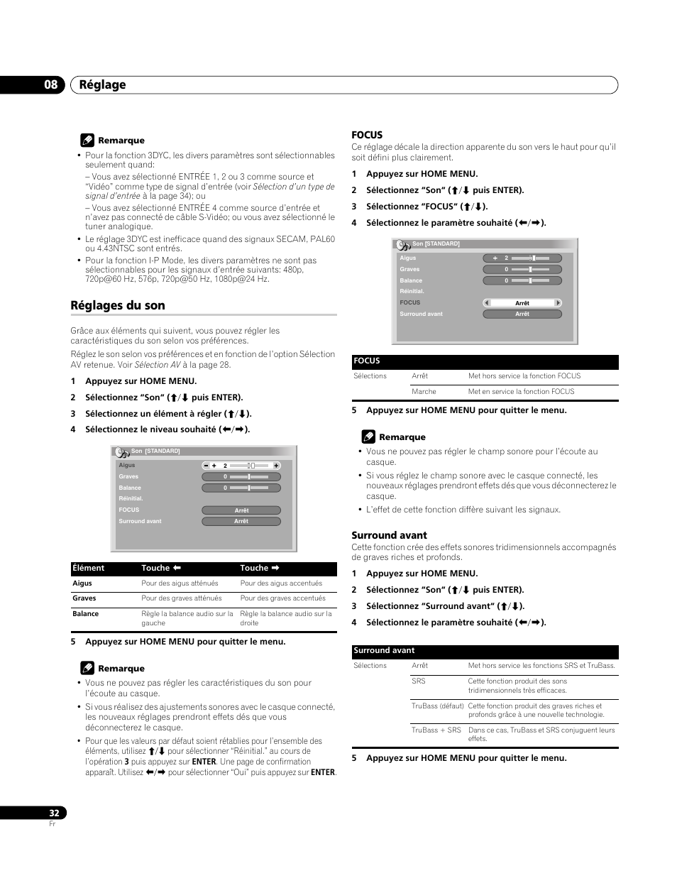 Réglages du son, Focus, Surround avant | Réglage 08 | Pioneer PDP-4270XA User Manual | Page 76 / 267