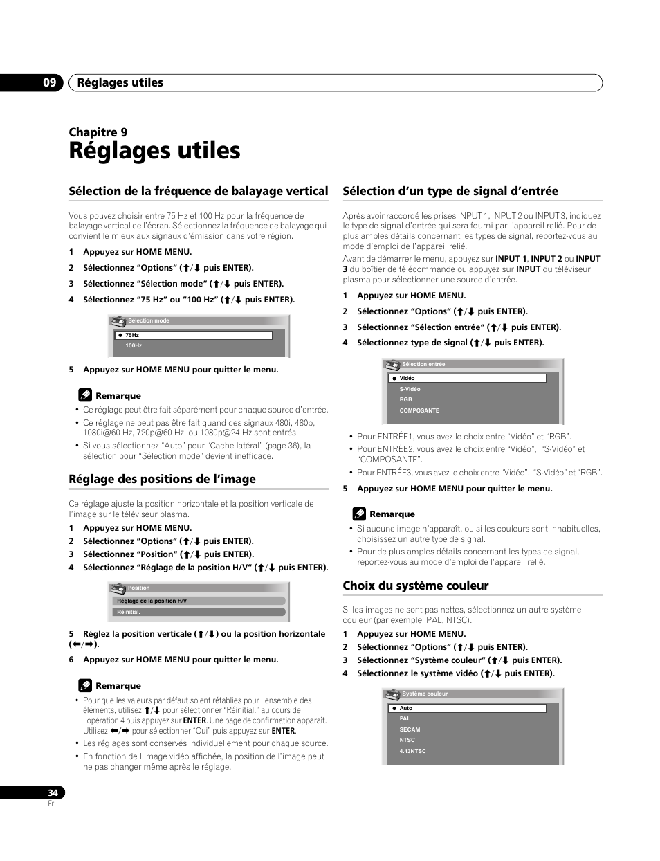 09 réglages utiles, Sélection de la fréquence de balayage vertical, Réglage des positions de l’image | Sélection d’un type de signal d’entrée, Choix du système couleur, Réglages utiles, Réglages utiles 09, Chapitre 9 | Pioneer PDP-4270XA User Manual | Page 78 / 267