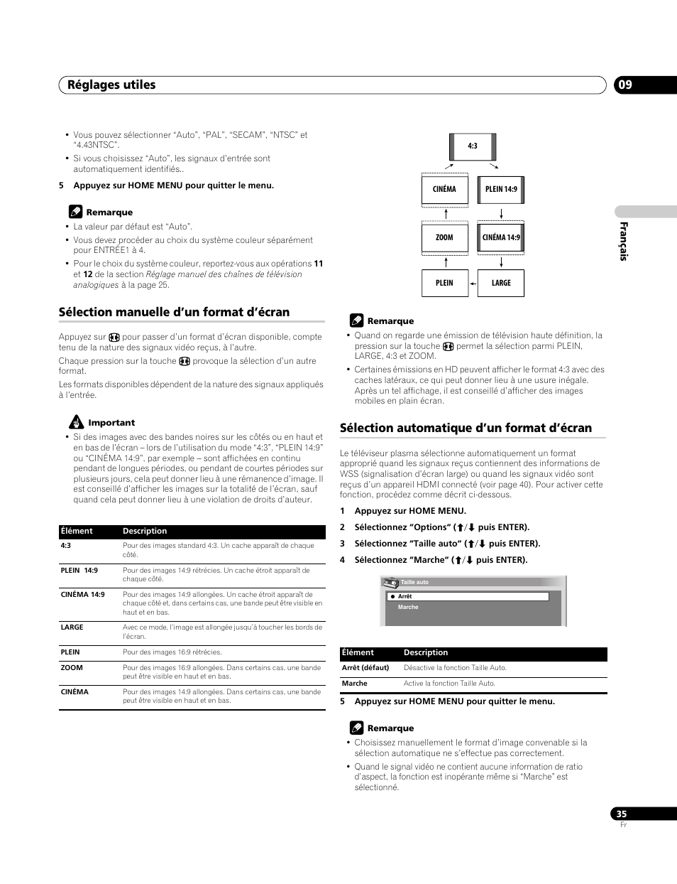Sélection manuelle d’un format d’écran, Sélection automatique d’un format d’écran, Réglages utiles 09 | Pioneer PDP-4270XA User Manual | Page 79 / 267