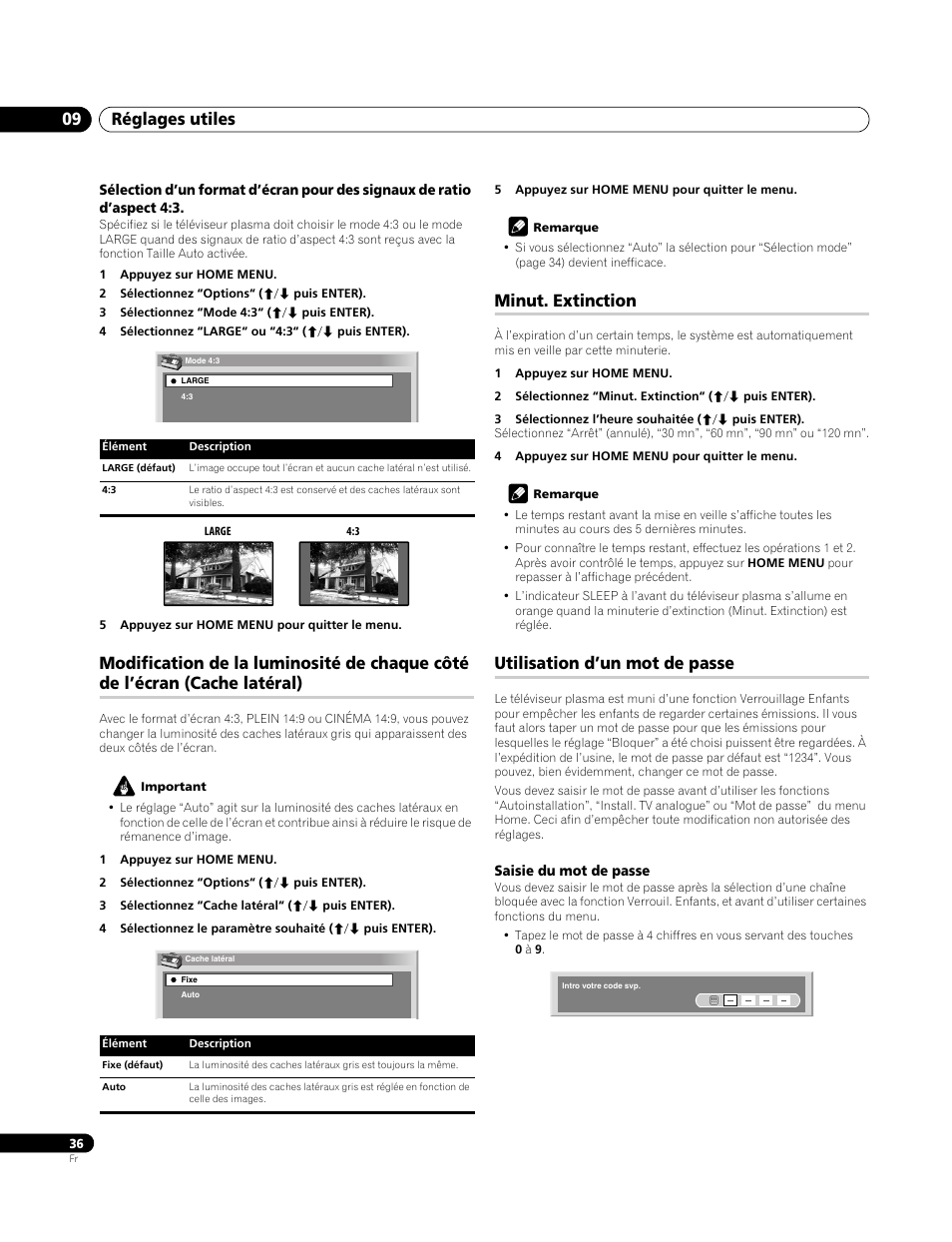 Minut. extinction, Utilisation d’un mot de passe, Saisie du mot de passe | Réglages utiles 09 | Pioneer PDP-4270XA User Manual | Page 80 / 267