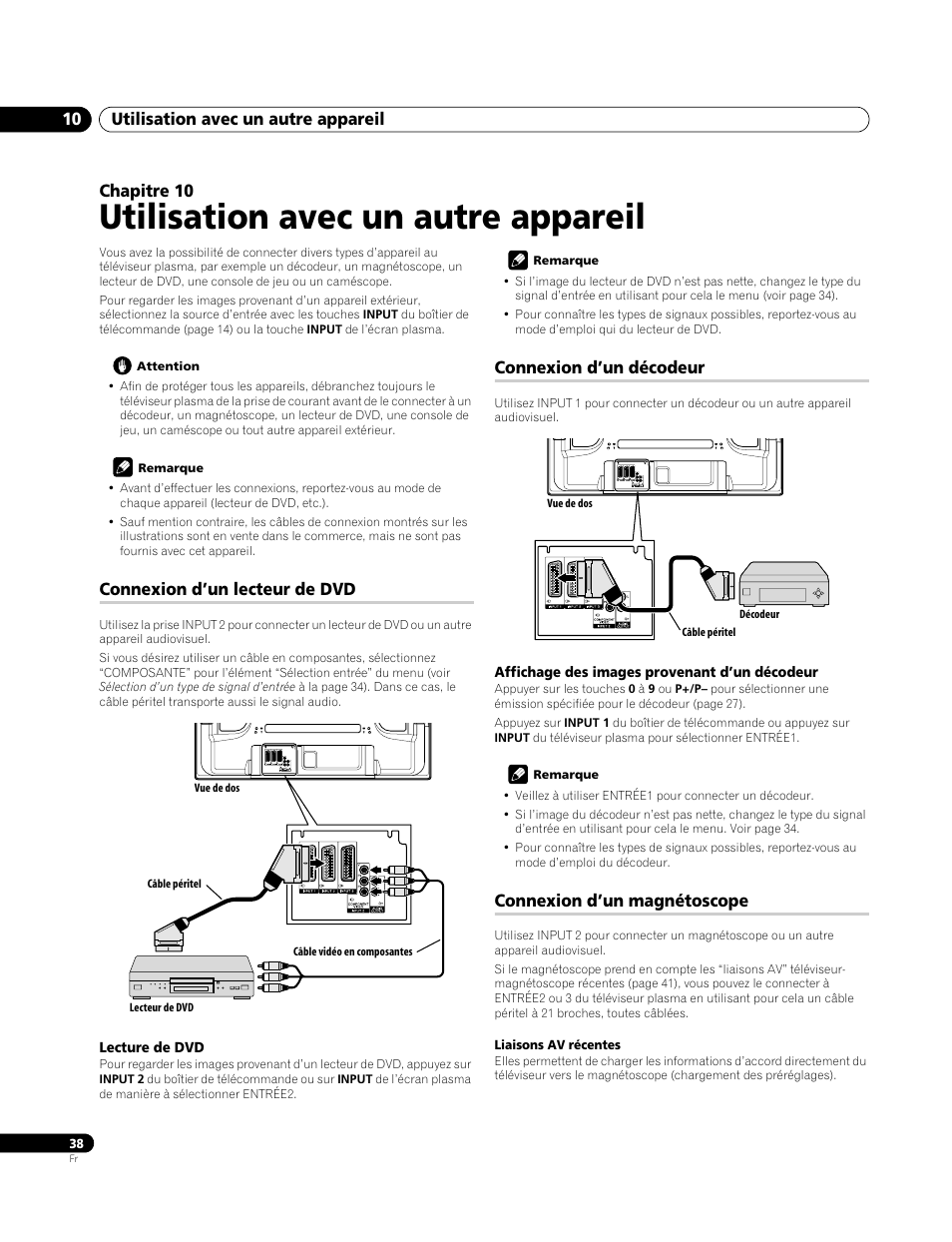 10 utilisation avec un autre appareil, Connexion d’un lecteur de dvd, Lecture de dvd | Connexion d’un décodeur, Affichage des images provenant d’un décodeur, Connexion d’un magnétoscope, Utilisation avec un autre appareil, Utilisation avec un autre appareil 10, Chapitre 10 | Pioneer PDP-4270XA User Manual | Page 82 / 267