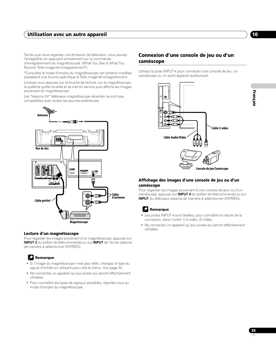 Lecture d’un magnétoscope, Connexion d’une console de jeu ou d’un caméscope, Utilisation avec un autre appareil 10 | Pioneer PDP-4270XA User Manual | Page 83 / 267