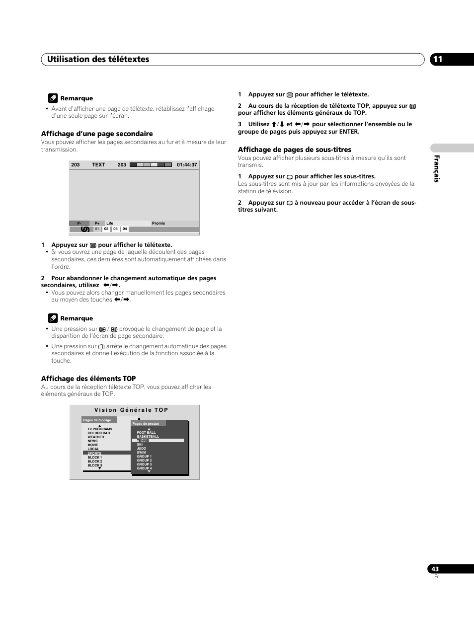 Affichage des éléments top, Utilisation des télétextes 11 | Pioneer PDP-4270XA User Manual | Page 87 / 267