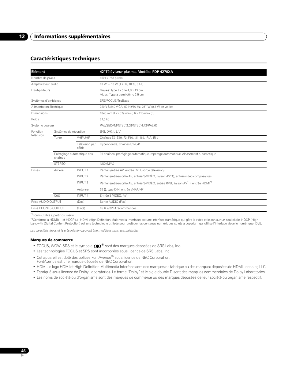 Caractéristiques techniques, Informations supplémentaires 12 | Pioneer PDP-4270XA User Manual | Page 90 / 267