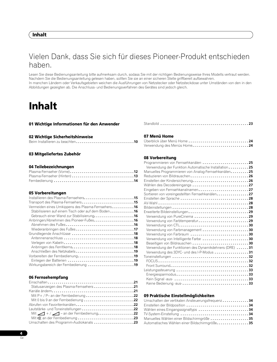 Bedienungsanleitung, Inhalt | Pioneer PDP-4270XA User Manual | Page 92 / 267