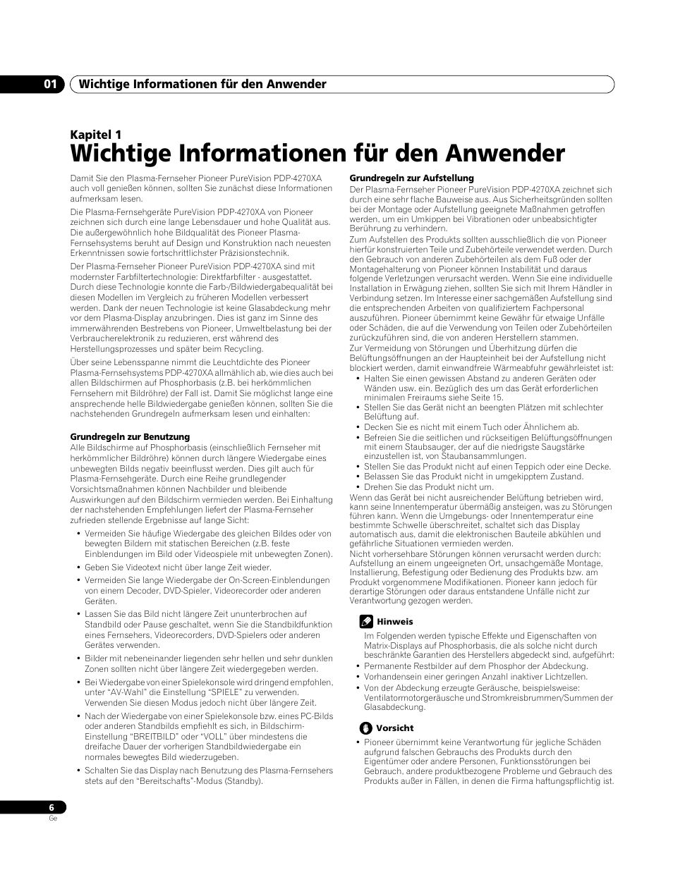 01 wichtige informationen für den anwender, Wichtige informationen für den anwender, Wichtige informationen für den anwender 01 | Kapitel 1 | Pioneer PDP-4270XA User Manual | Page 94 / 267